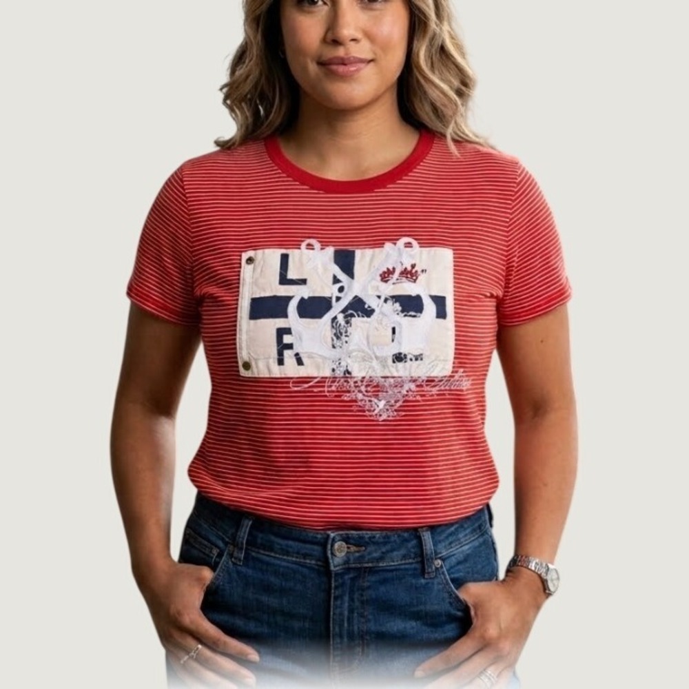 Lauren Ralph Lauren Red White Striped Nautical Anchor Graphic T-Shirt XL